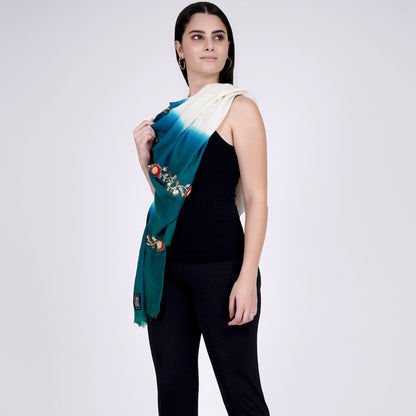 White and Teal Green Hand Embroidered Colour Block Scarf