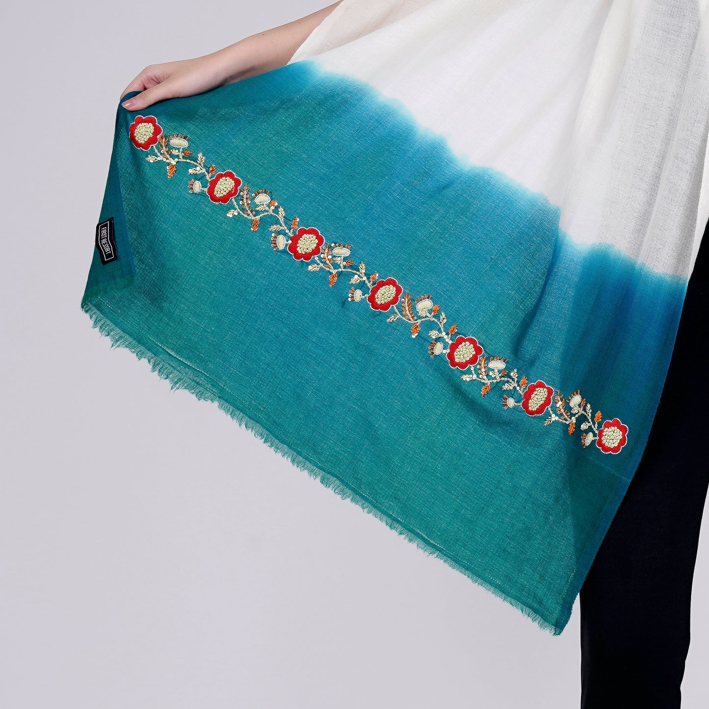 White and Teal Green Hand Embroidered Colour Block Scarf