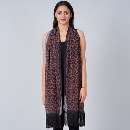 Brown Leopard Print Stole with Fringe