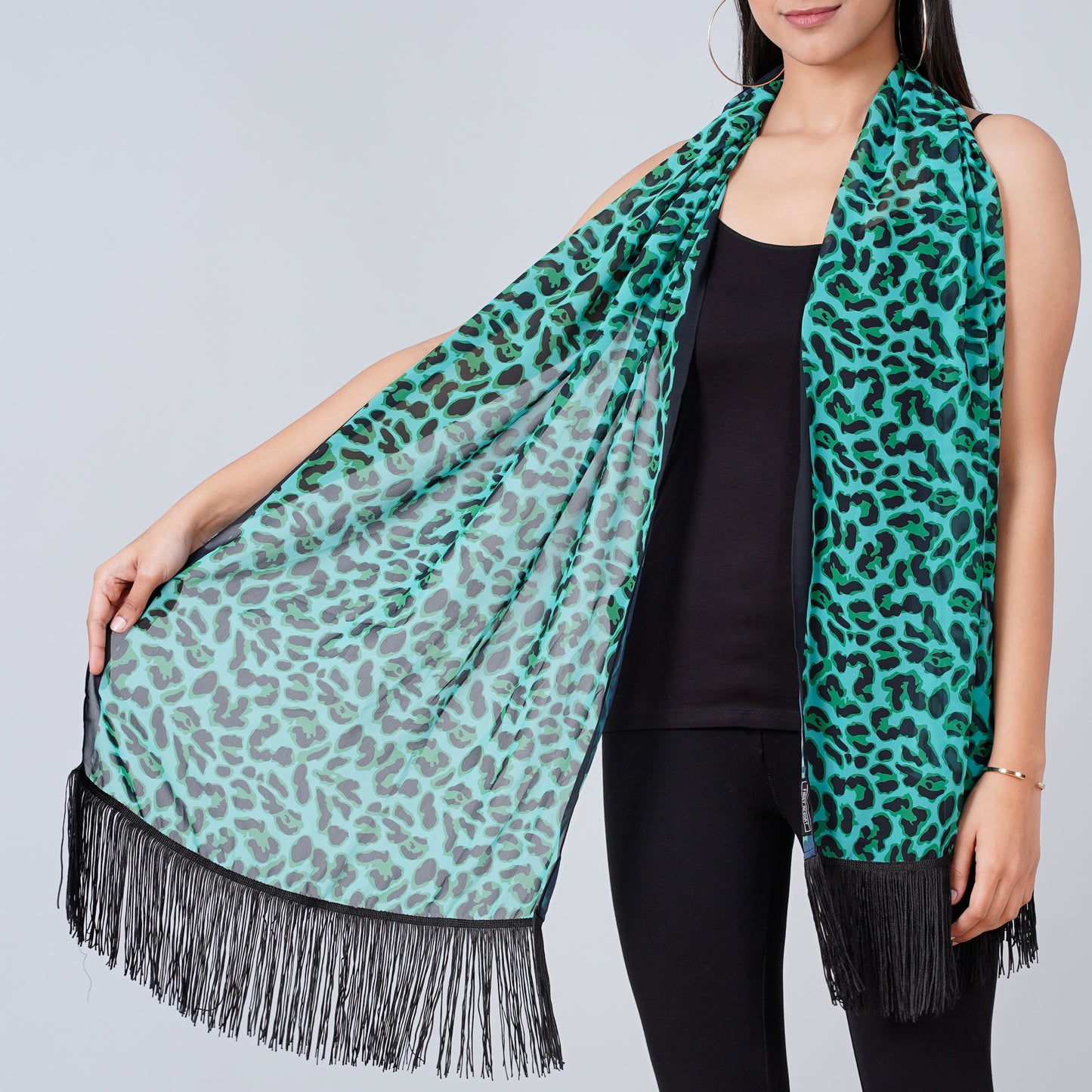Green Leopard Print Stole with Fringe