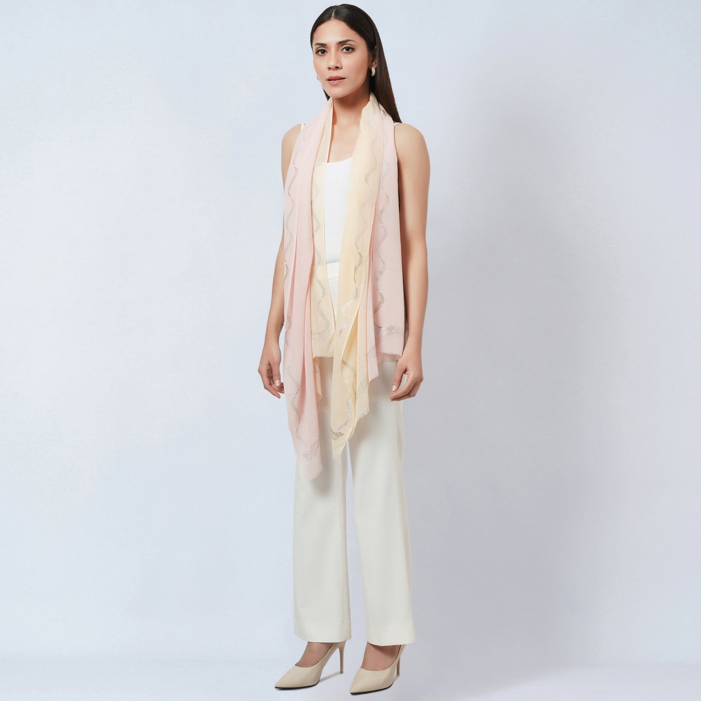 Pink and Cream Ombre Embellished Cashmere Stole