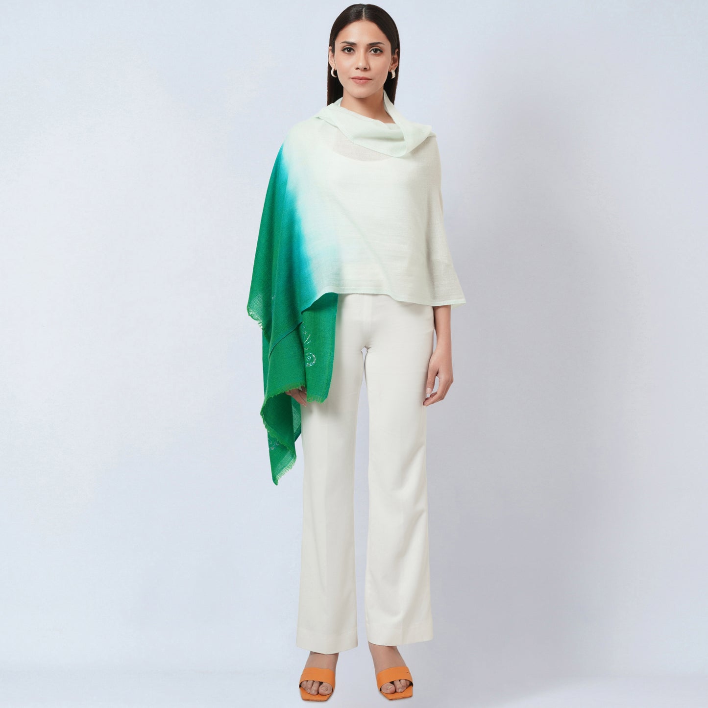 Cream and Sea Green Ombre Embellished Cashmere Stole