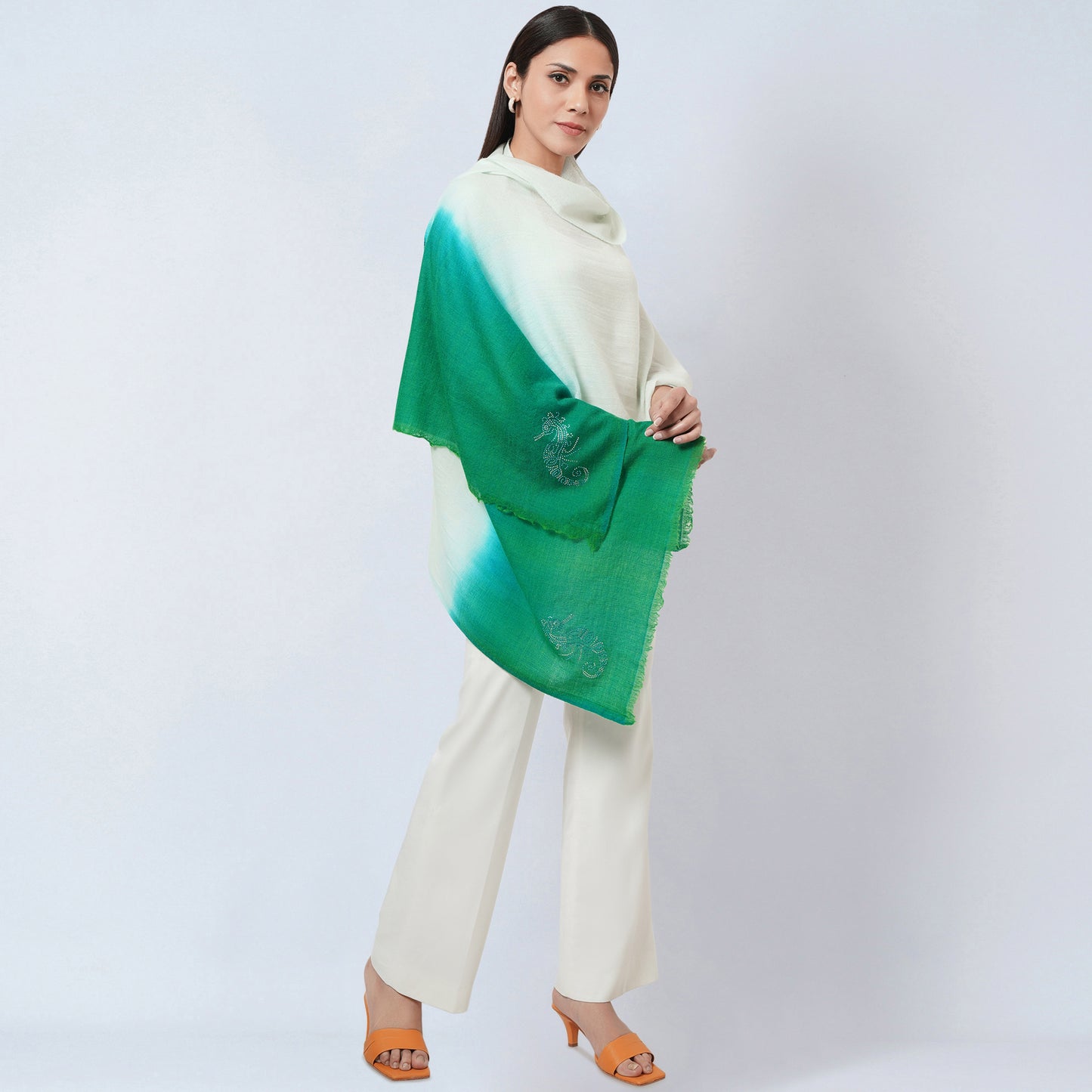 Cream and Sea Green Ombre Embellished Cashmere Stole