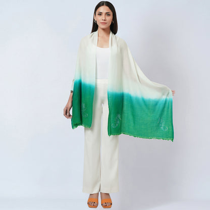 Cream and Sea Green Ombre Embellished Cashmere Stole