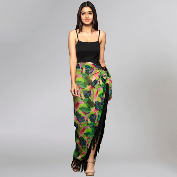 Pink And Green Tropical Print Sarong for Women – Viscose Georgette | First Resort by Ramola Bachchan