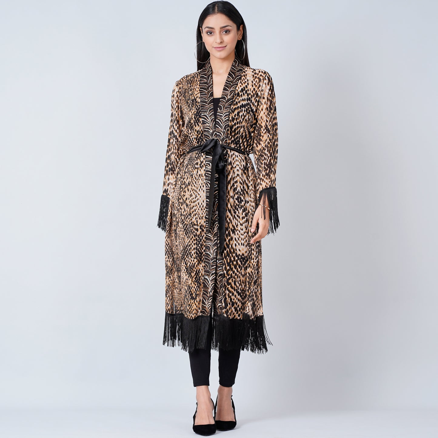 Brown Animal Print Long Kimono