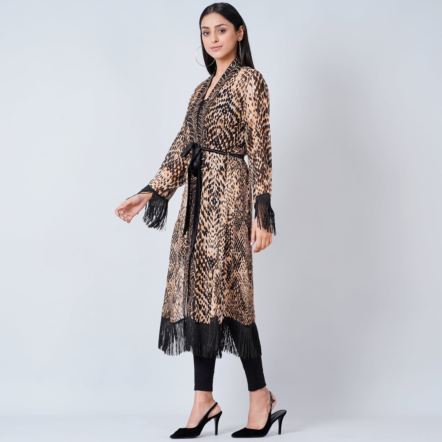 Brown Animal Print Long Kimono