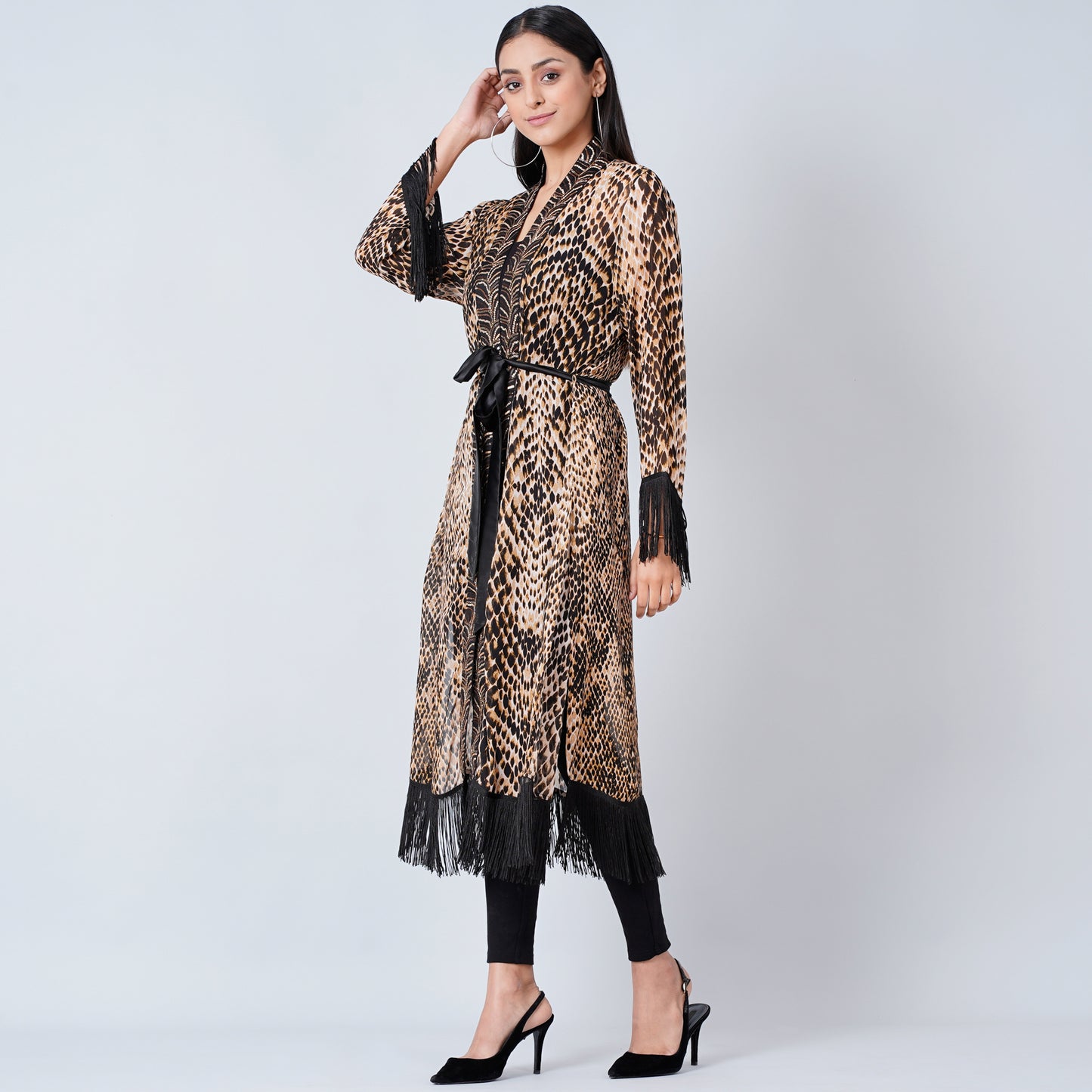 Brown Animal Print Long Kimono