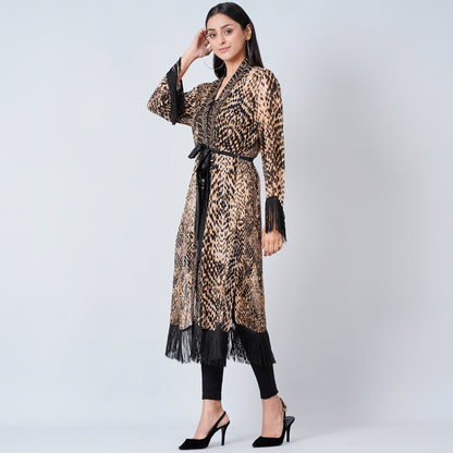 Brown Animal Print Long Kimono