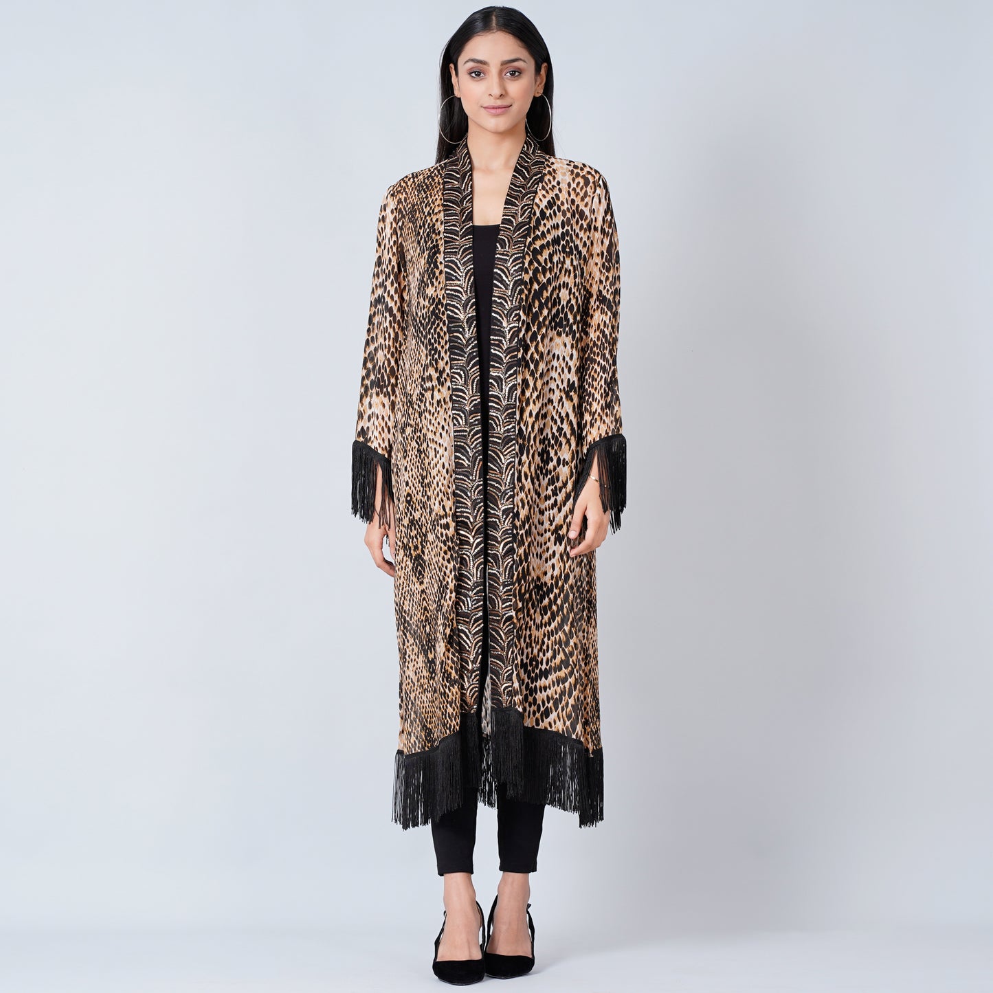 Brown Animal Print Long Kimono