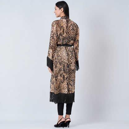 Brown Animal Print Long Kimono
