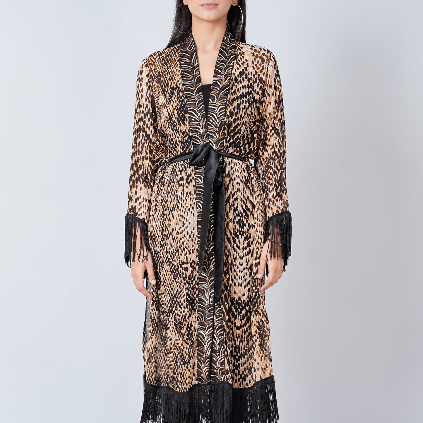 Brown Animal Print Long Kimono