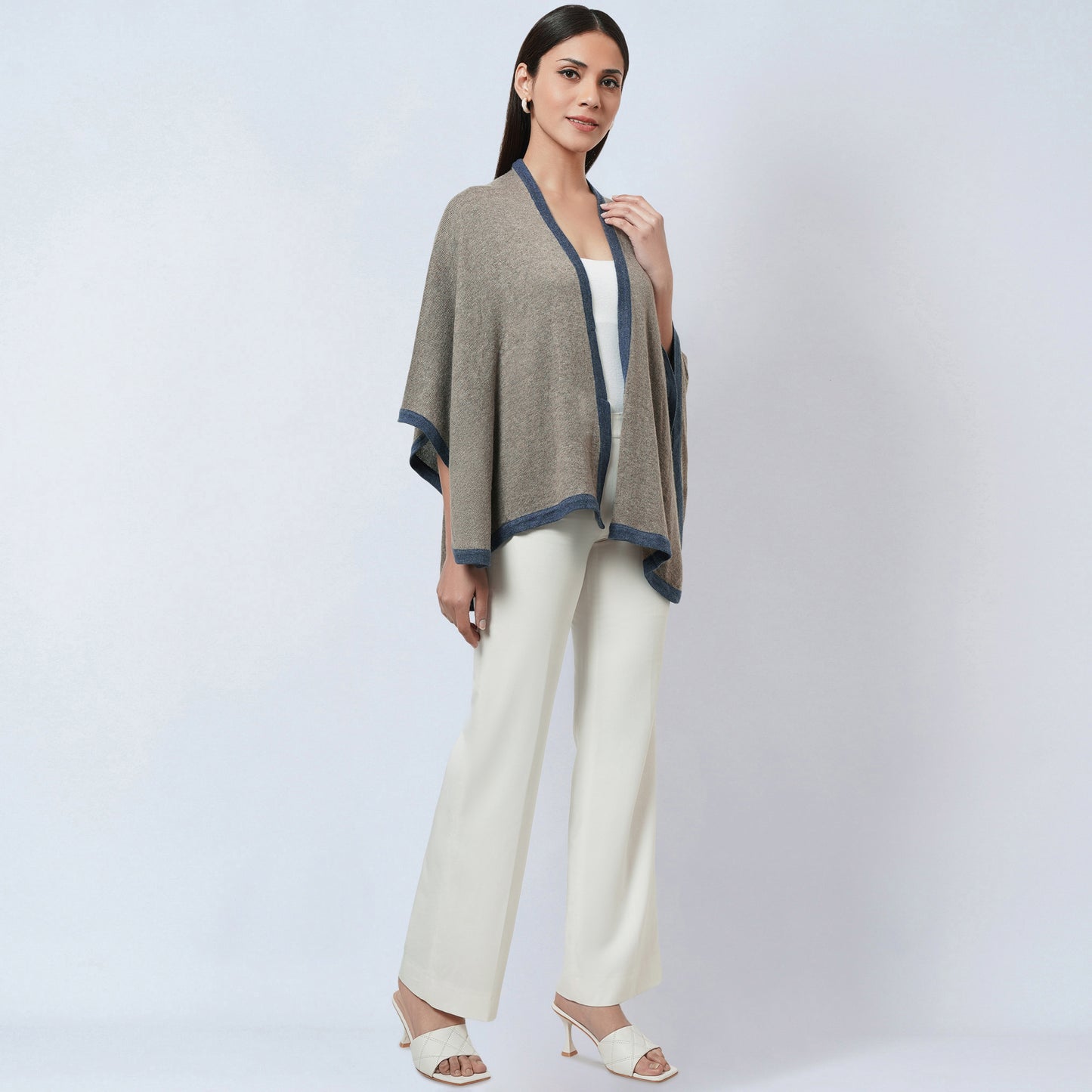 Stone Grey and Blue Short Knitted Cashmere Cape