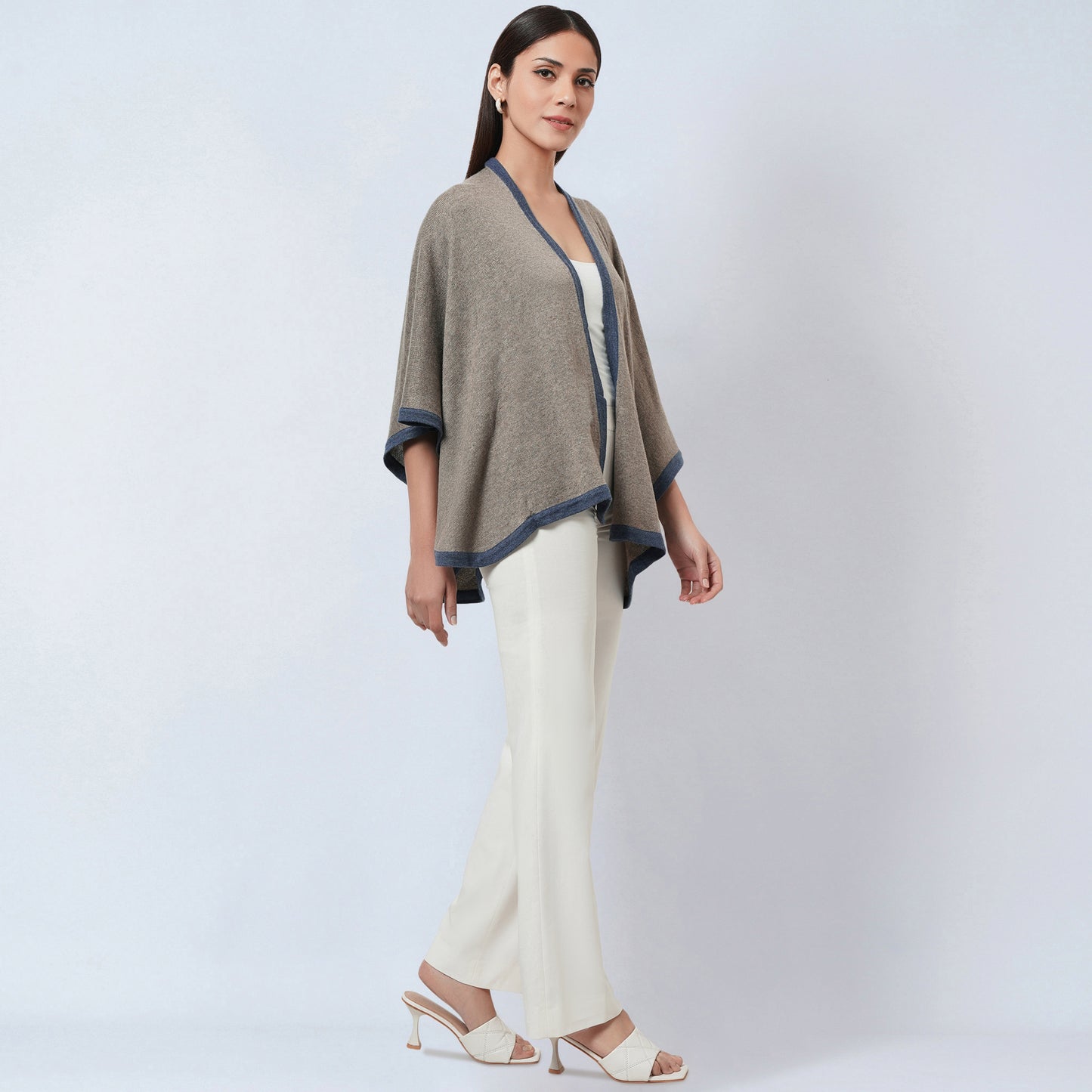 Stone Grey and Blue Short Knitted Cashmere Cape