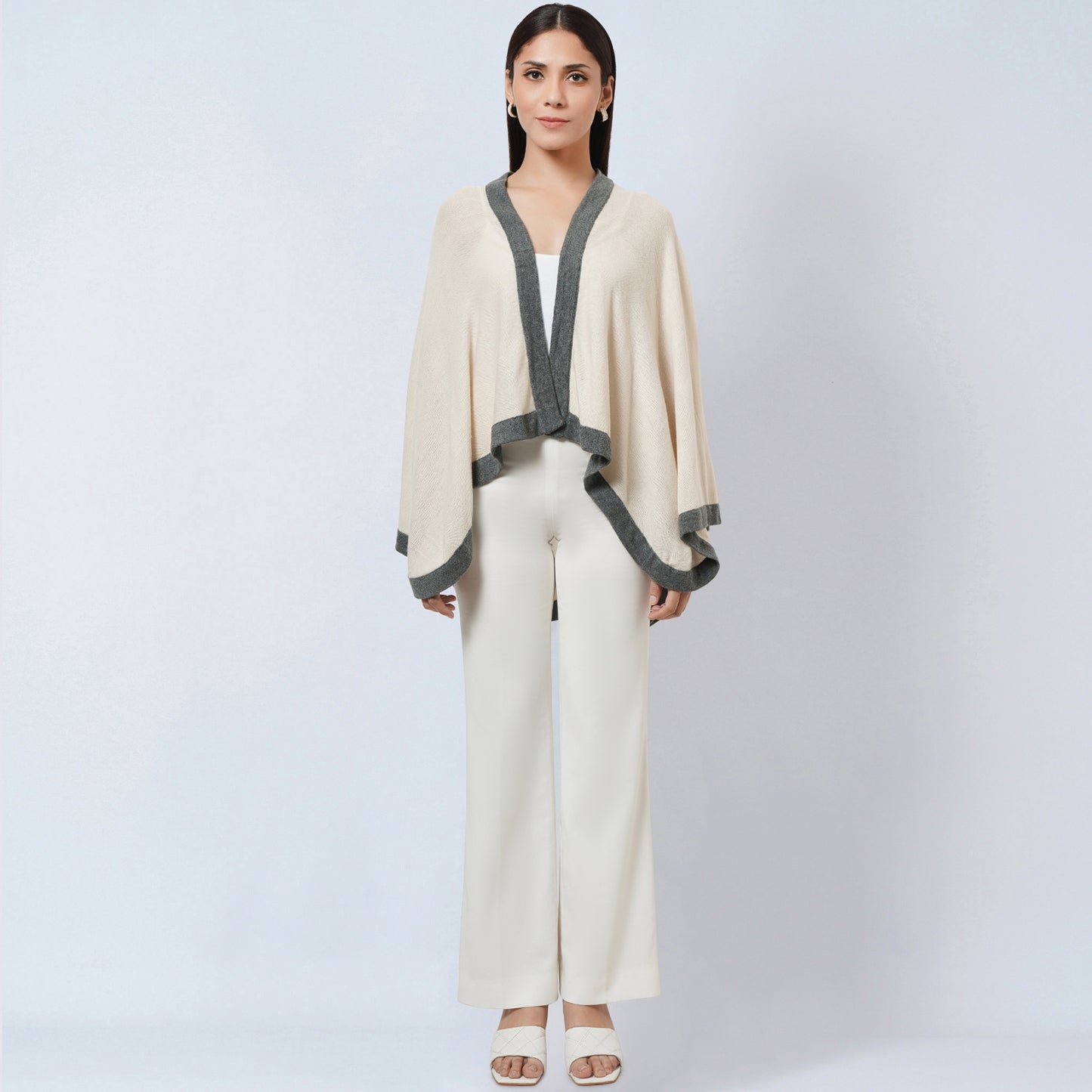 Cream and Grey Short Knitted Cashmere Cape
