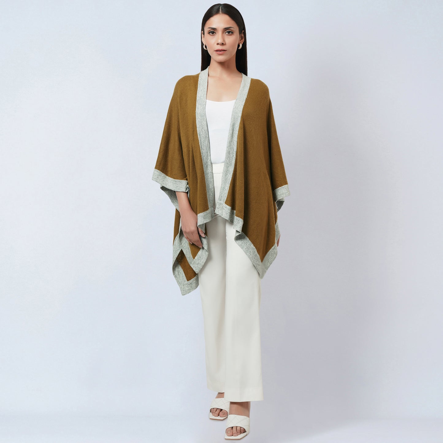 Tawny and Grey Long Knitted Cashmere Cape