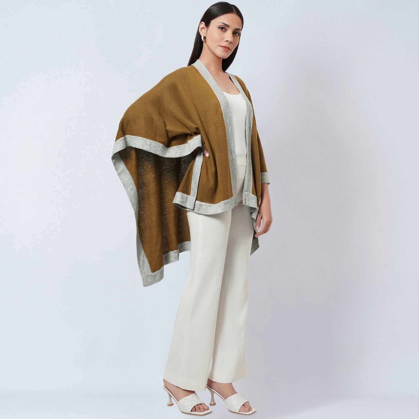 Tawny and Grey Long Knitted Cashmere Cape