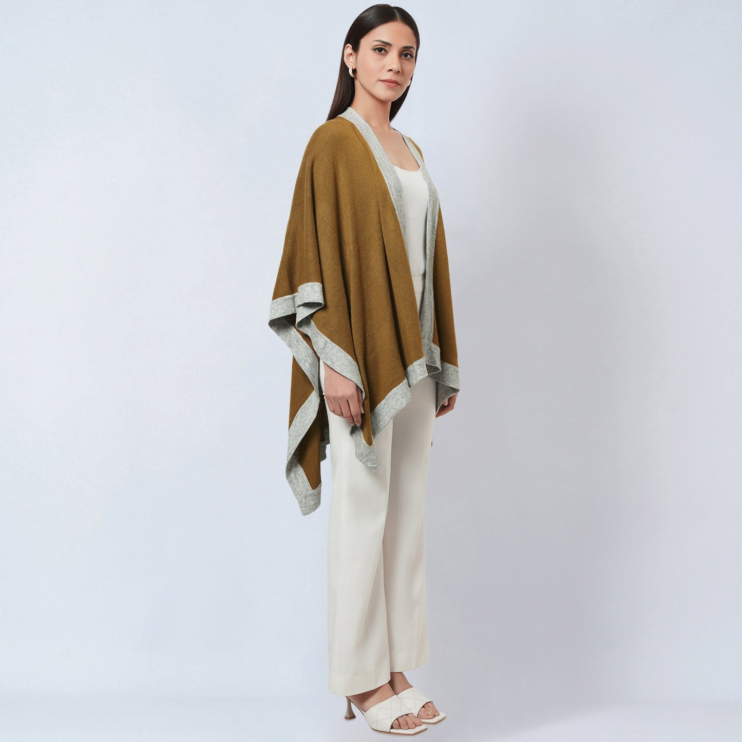 Tawny and Grey Long Knitted Cashmere Cape