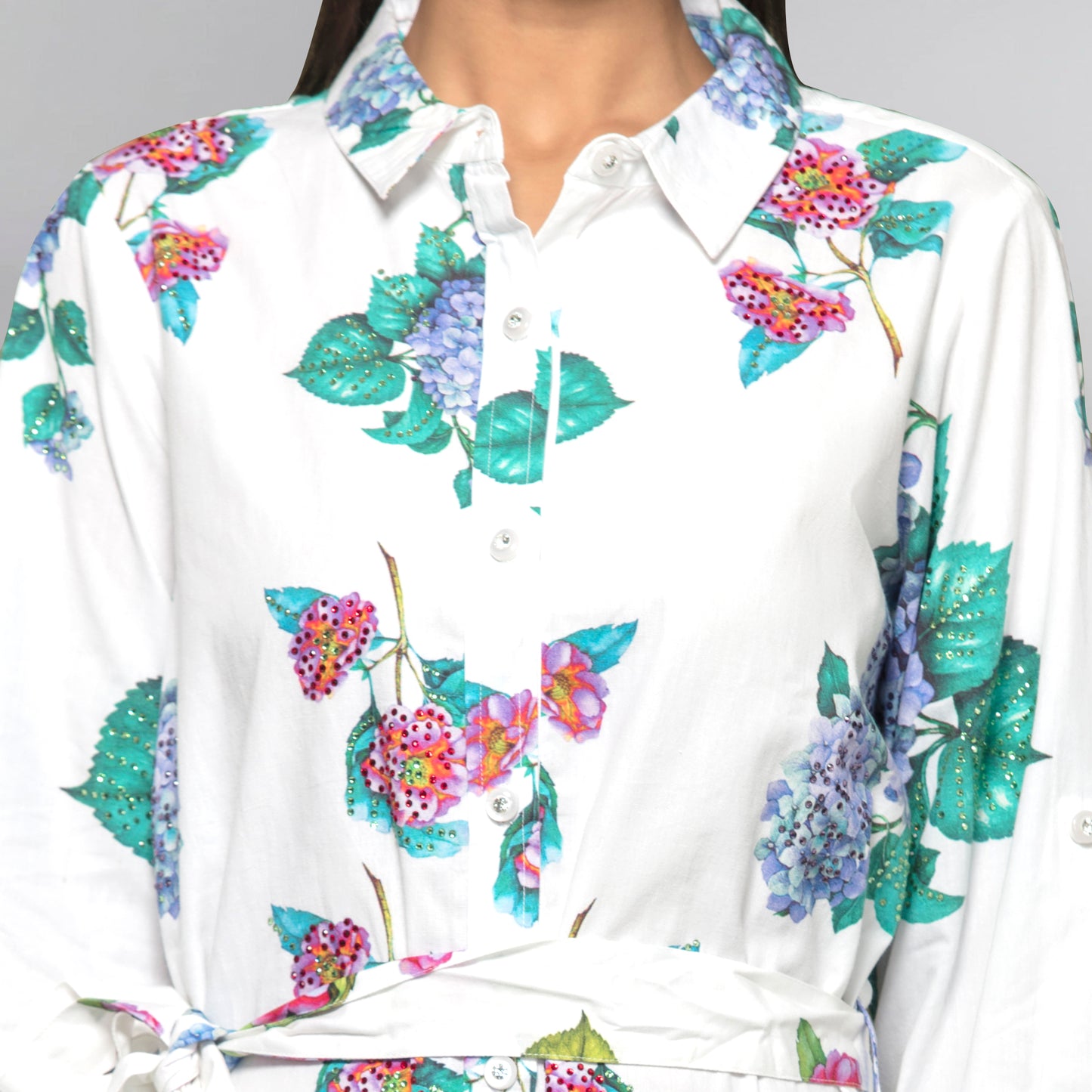 Mauve Embellished Floral Shirt Dress