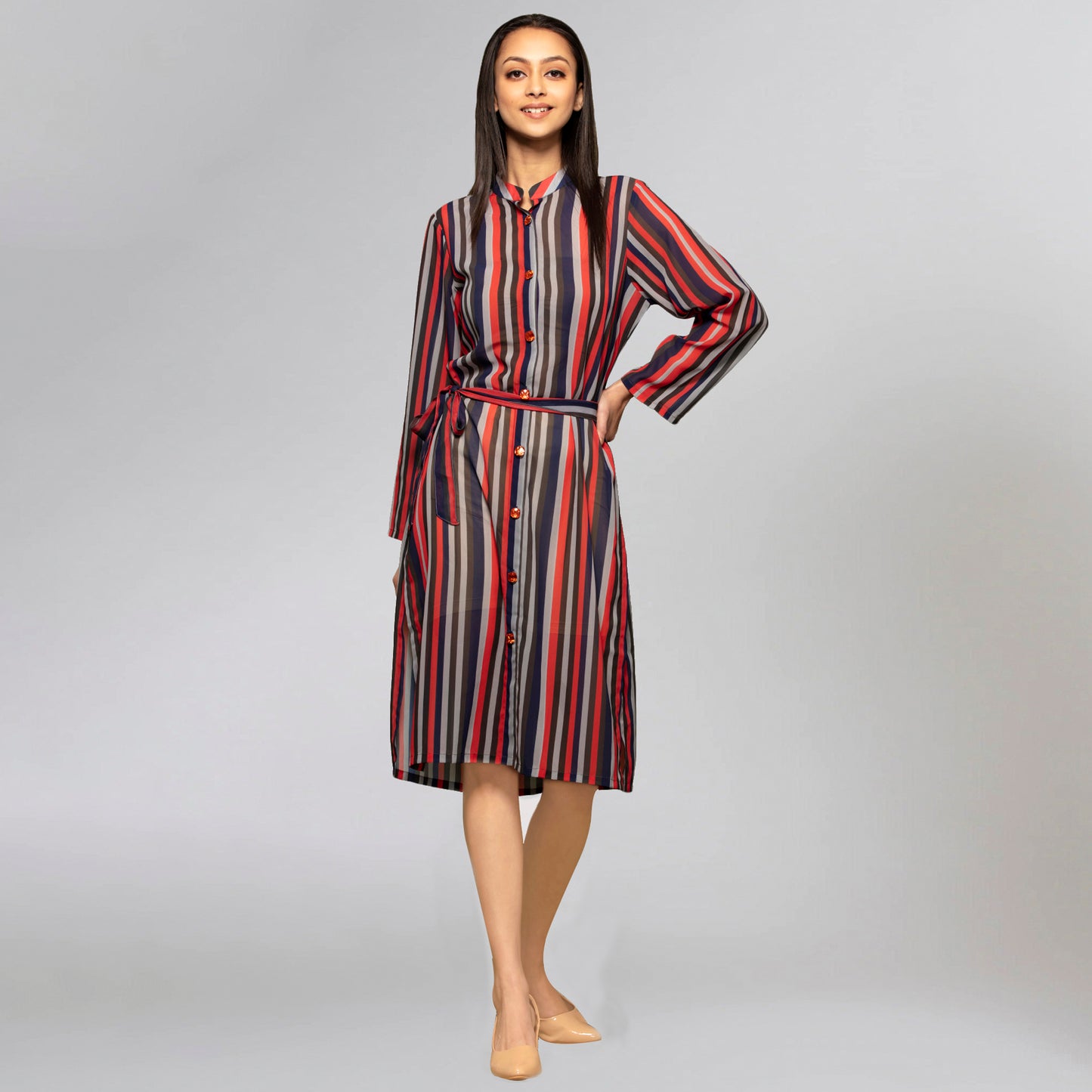 Vibrant Red and Black Striped Shirt Dress