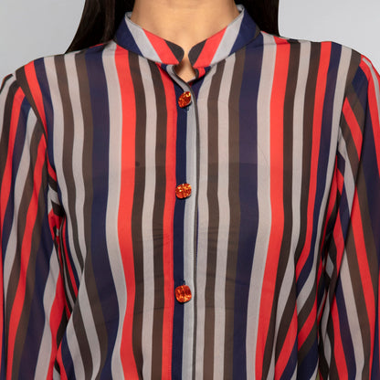 Vibrant Red and Black Striped Shirt Dress
