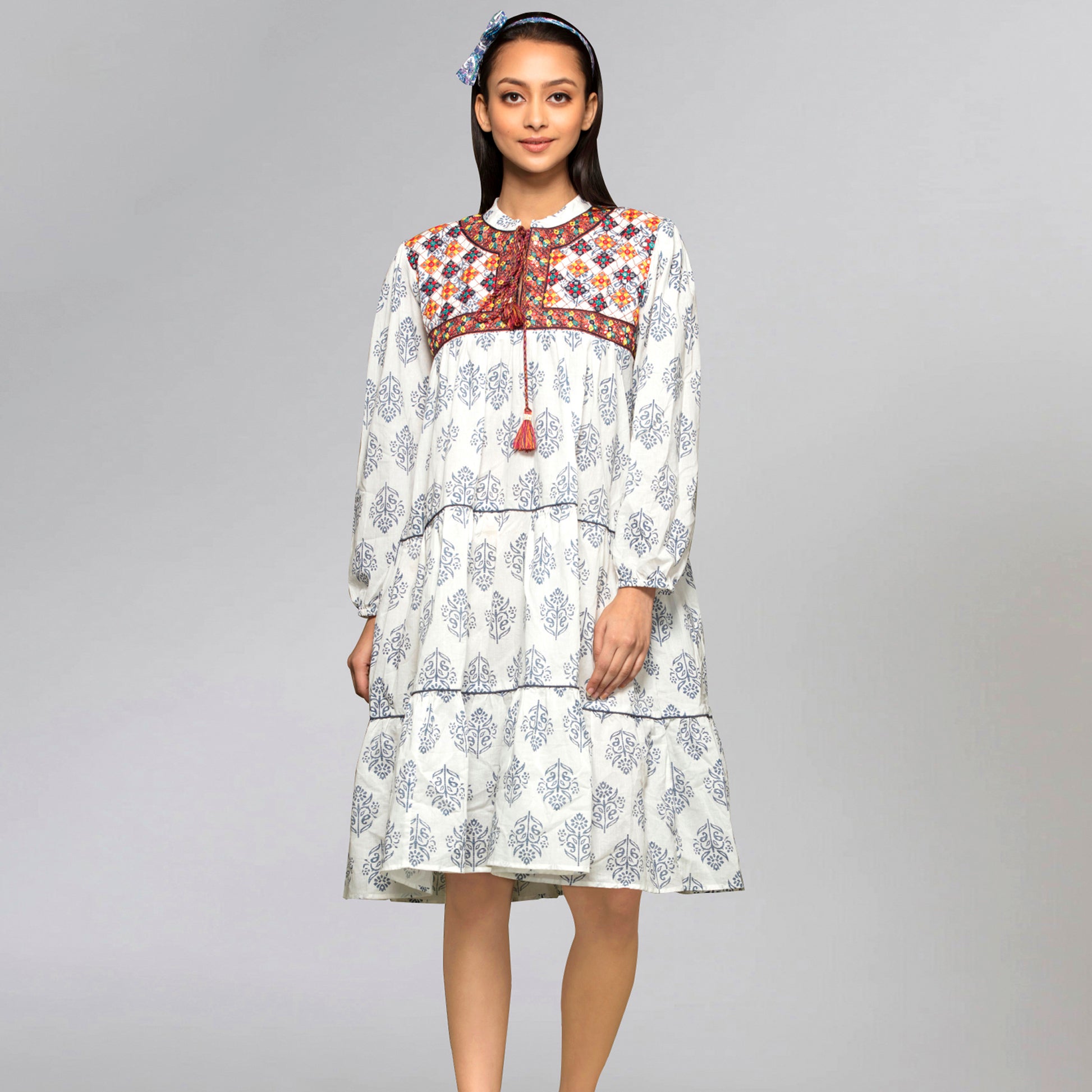 Navy Blue Floral Print Dress for Women – Embroidered | First Resort by Ramola Bachchan