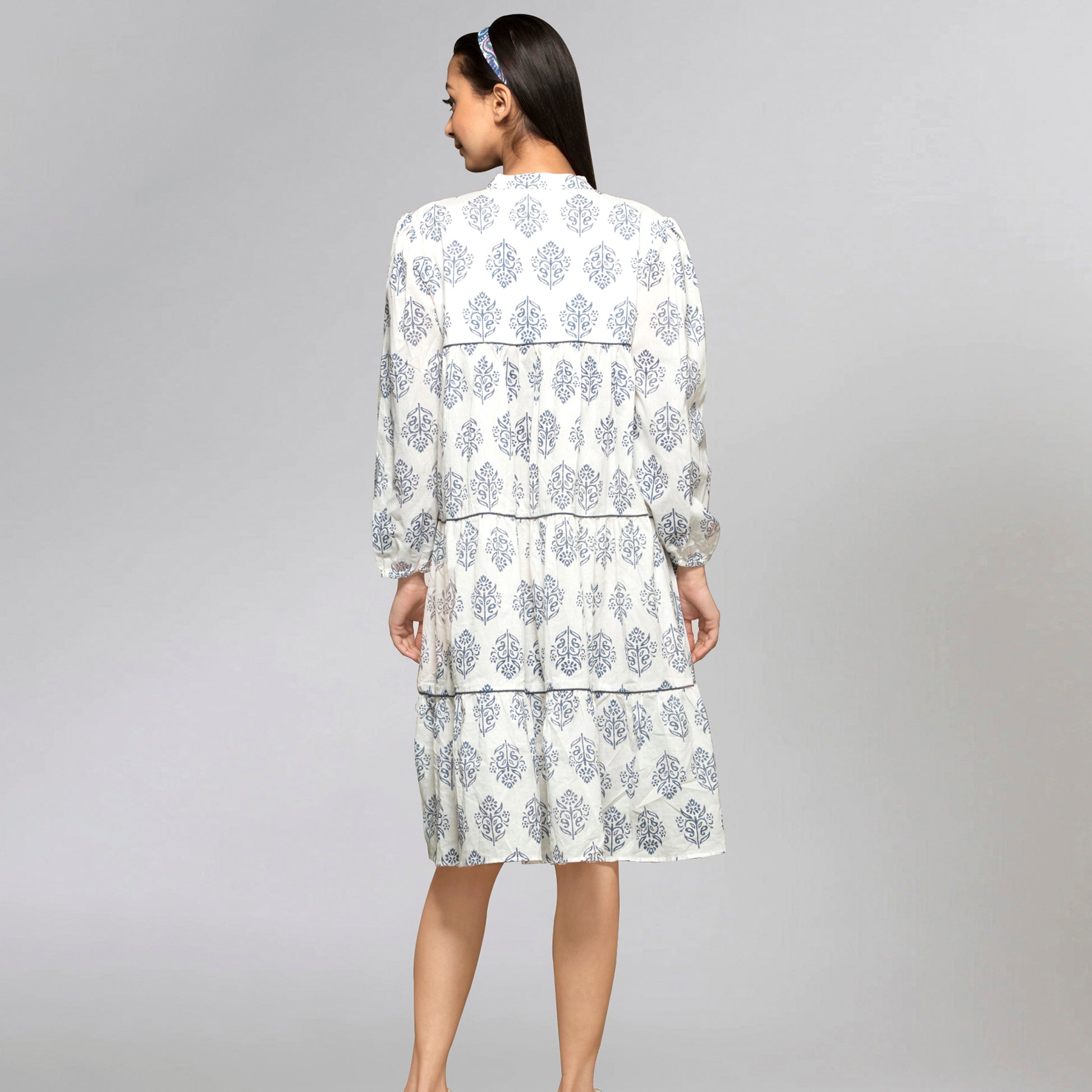 Navy Blue Floral Print Dress for Women – Embroidered – Model View | First Resort by Ramola Bachchan