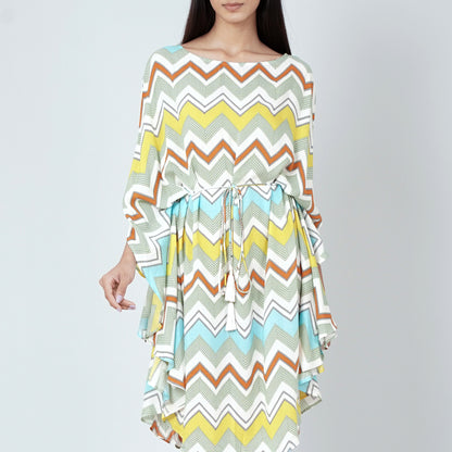 Pale Blue and Yellow Chevron Midi Dress