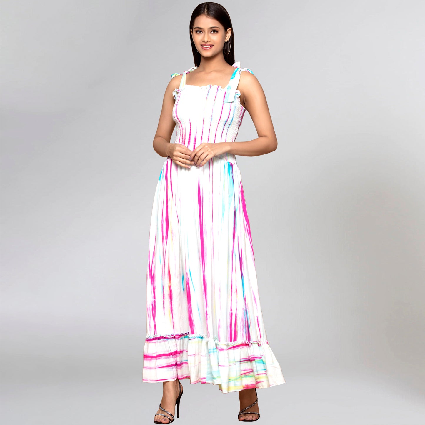 Multicoloured Tie-Dye Smocking Long Dress