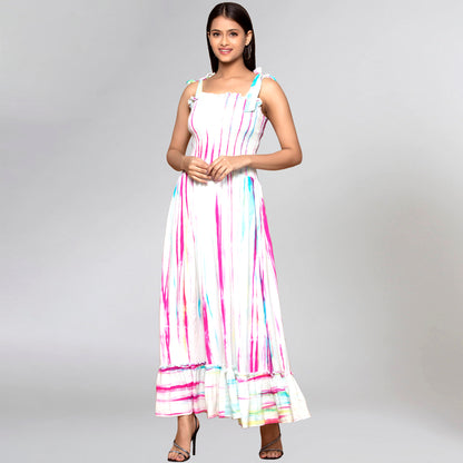 Multicoloured Tie-Dye Smocking Long Dress