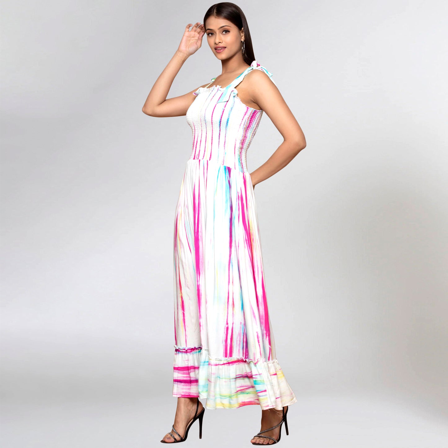 Multicoloured Tie-Dye Smocking Long Dress