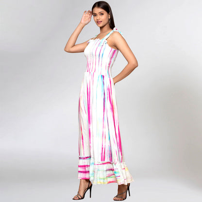 Multicoloured Tie-Dye Smocking Long Dress