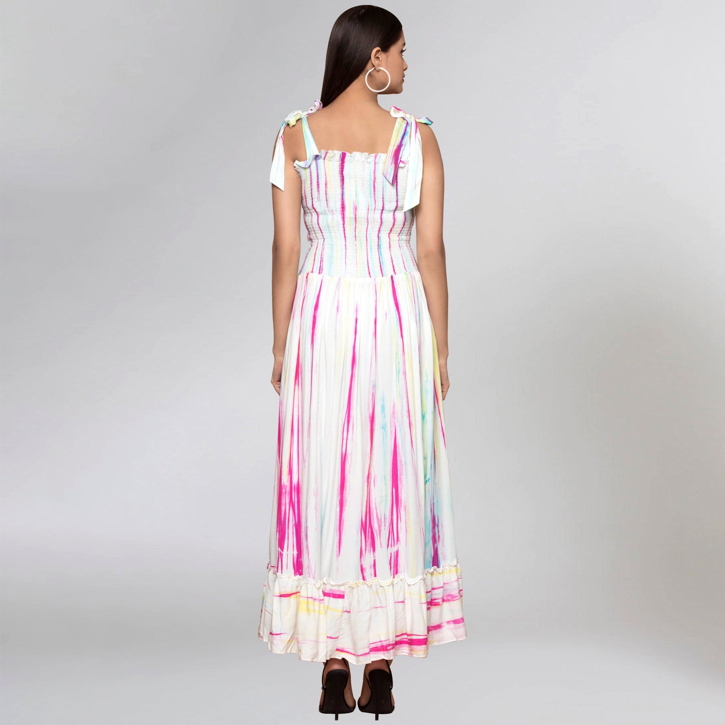 Multicoloured Tie-Dye Smocking Long Dress