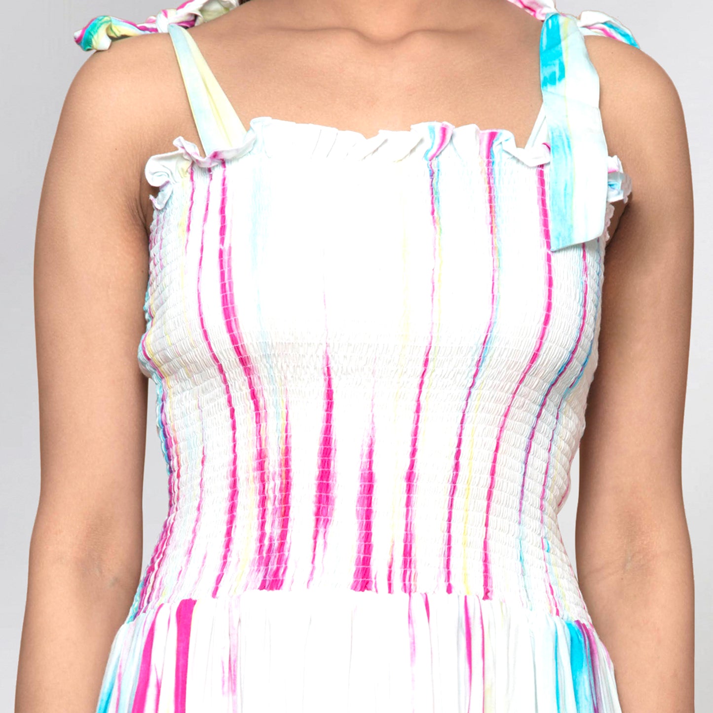 Multicoloured Tie-Dye Smocking Long Dress