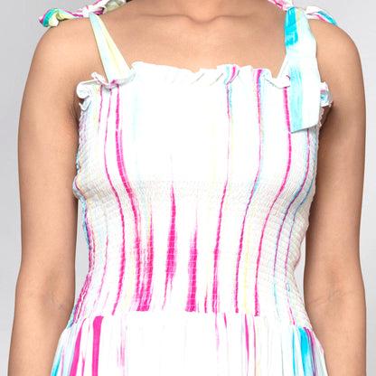 Multicoloured Tie-Dye Smocking Long Dress