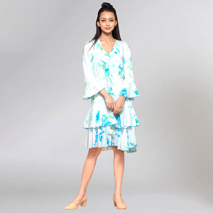 Blue and Green Tie-Dye Frill Dress