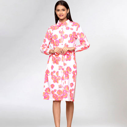 Orange Rose Print Shirt Dress