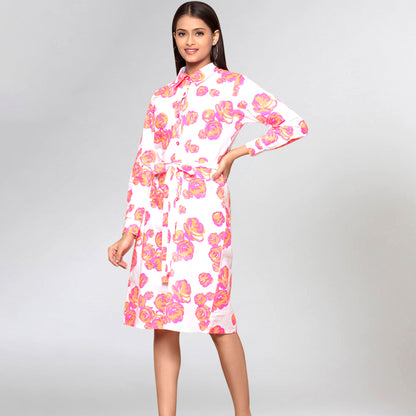 Orange Rose Print Shirt Dress