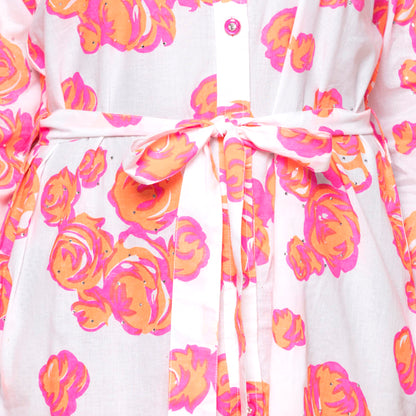 Orange Rose Print Shirt Dress