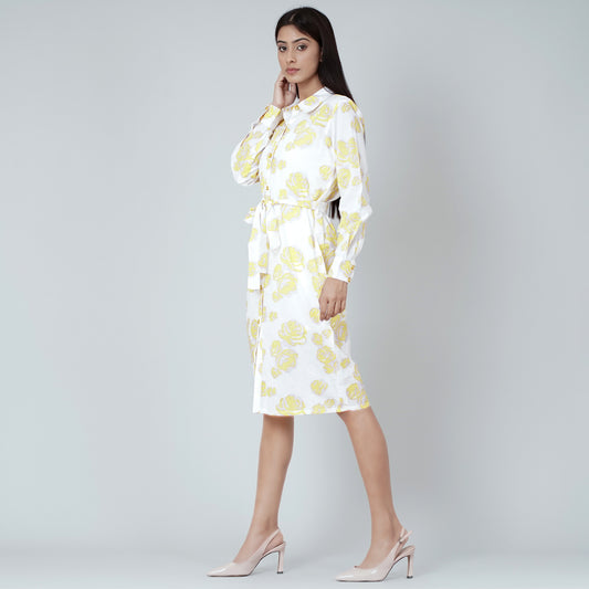 Yellow Rose Print Shirt Dress