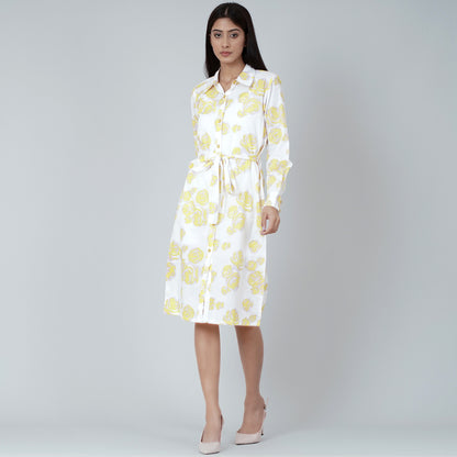 Yellow Rose Print Shirt Dress