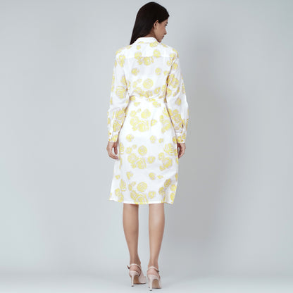 Yellow Rose Print Shirt Dress
