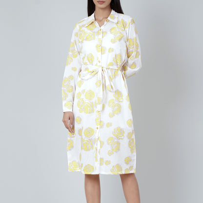 Yellow Rose Print Shirt Dress