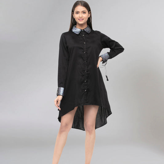 Black Sequinned Hi-Low Shirt Dress