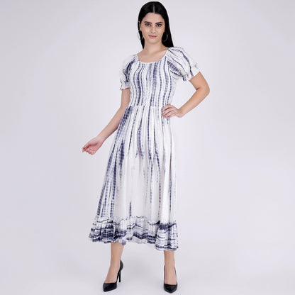 Indigo Tie-Dye Smocking Long Dress with Frill