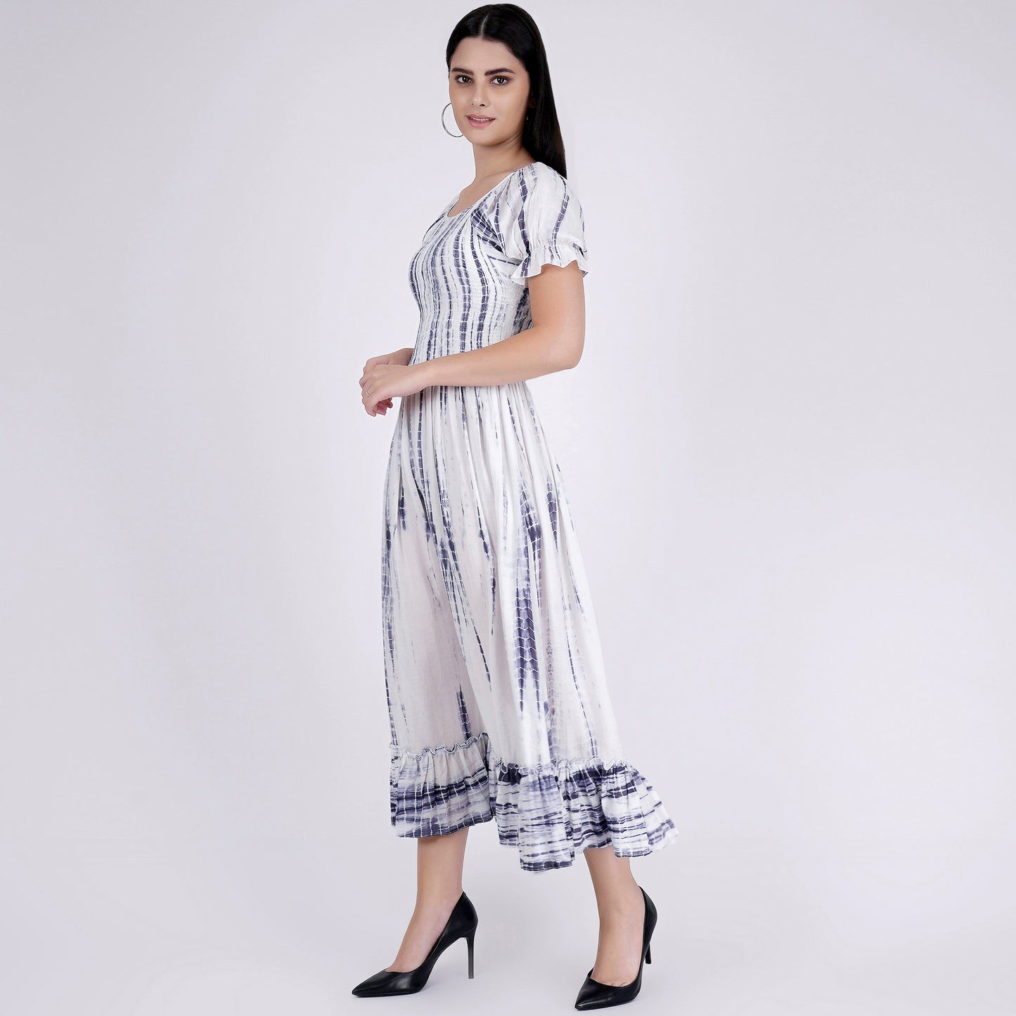 Indigo Tie-Dye Smocking Long Dress with Frill