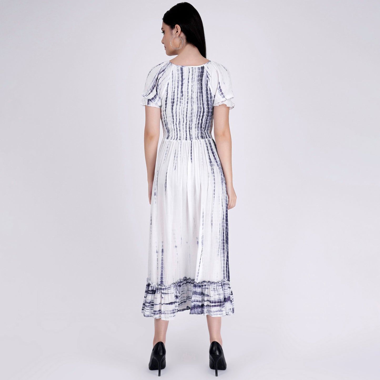 Indigo Tie-Dye Smocking Long Dress with Frill
