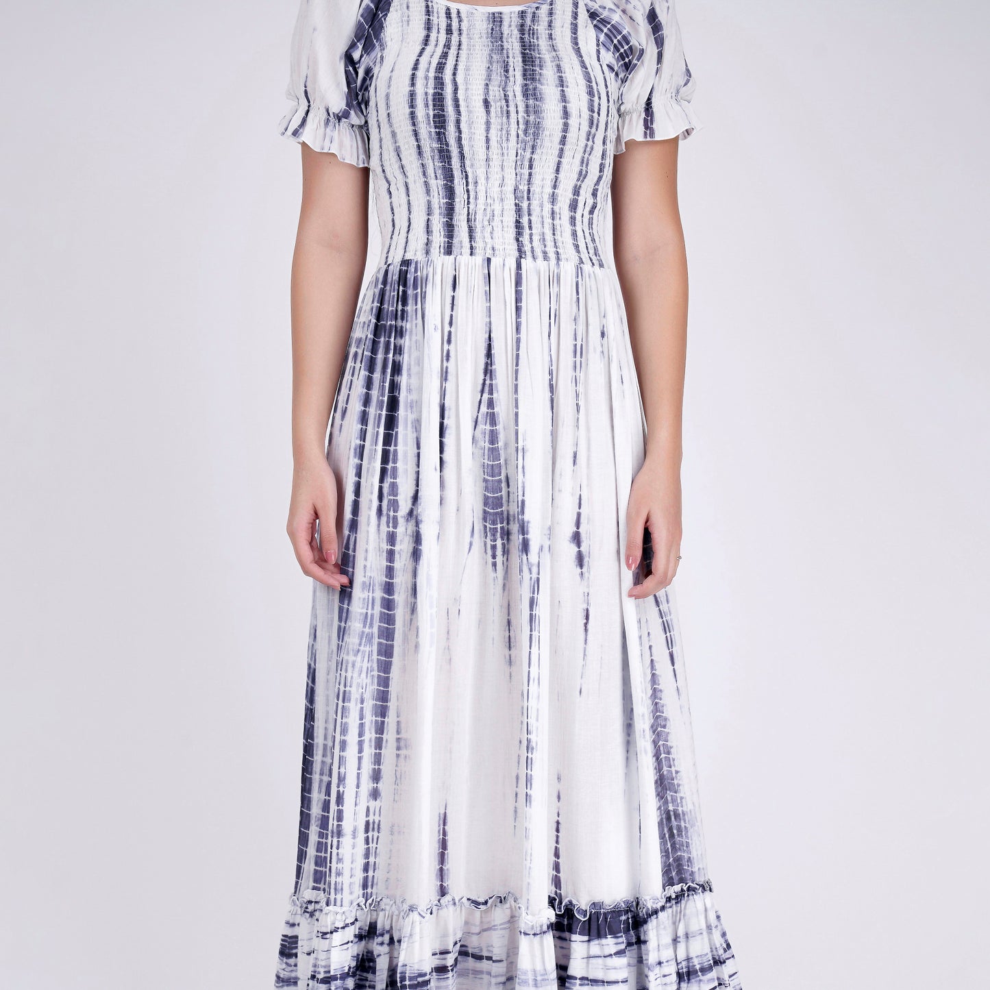 Indigo Tie-Dye Smocking Long Dress with Frill
