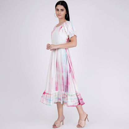 Multicoloured Tie-Dye Smocking Long Dress with Frill
