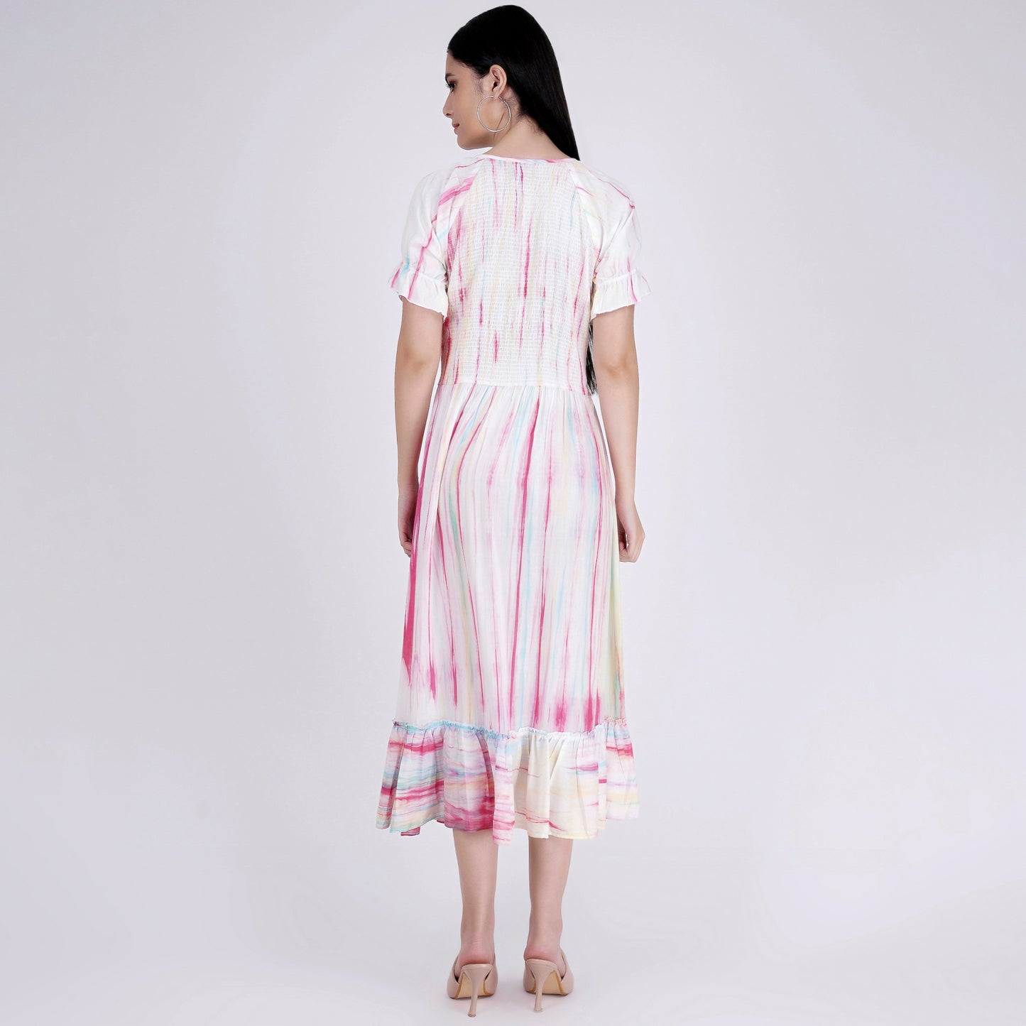 Multicoloured Tie-Dye Smocking Long Dress with Frill